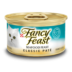 A can of Fancy Feast Classic Pate Seafood Feast cat food.