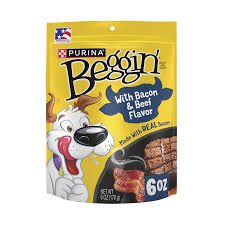 Beggin' dog treats with bacon flavor in 6 oz packaging.