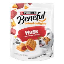 Purina Beneful Baked Delights Hugs dog treats with chicken and cheese.