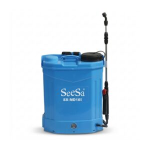 Shixia Dynamo Electric Sprayer 16L. Blue SeeSa backpack sprayer with black nozzle and handle.