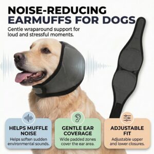 noise reducing earmuffs for dogs, dog ear protection, pet noise anxiety, firework anxiety dogs, dog earmuffs medium, dog earmuffs large, noise cancelling dog wrap
